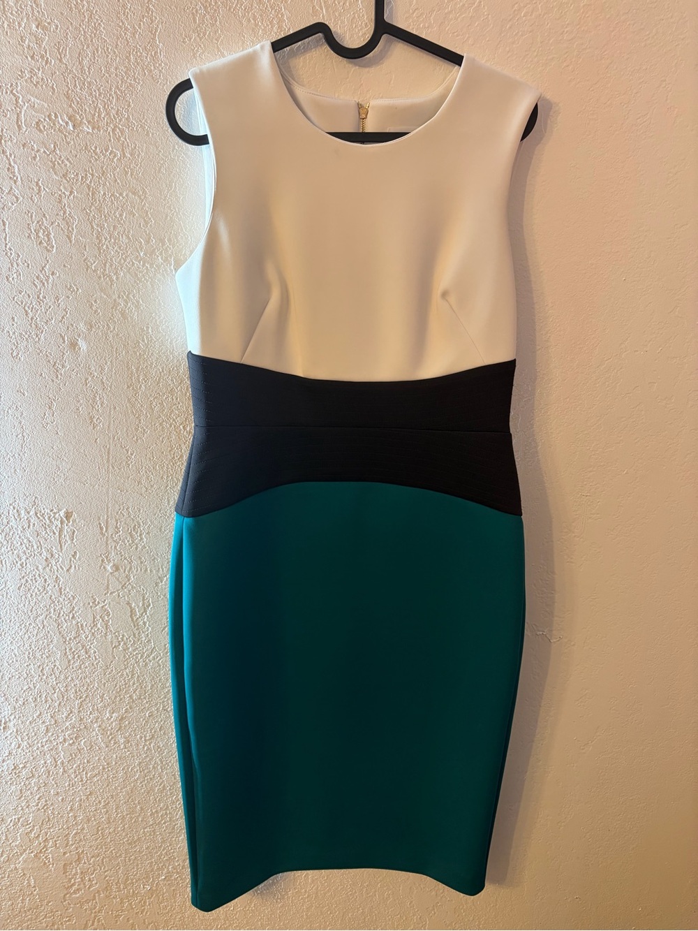 Calvin Klein Colorblock Sheath Dress in White, Black & Teal